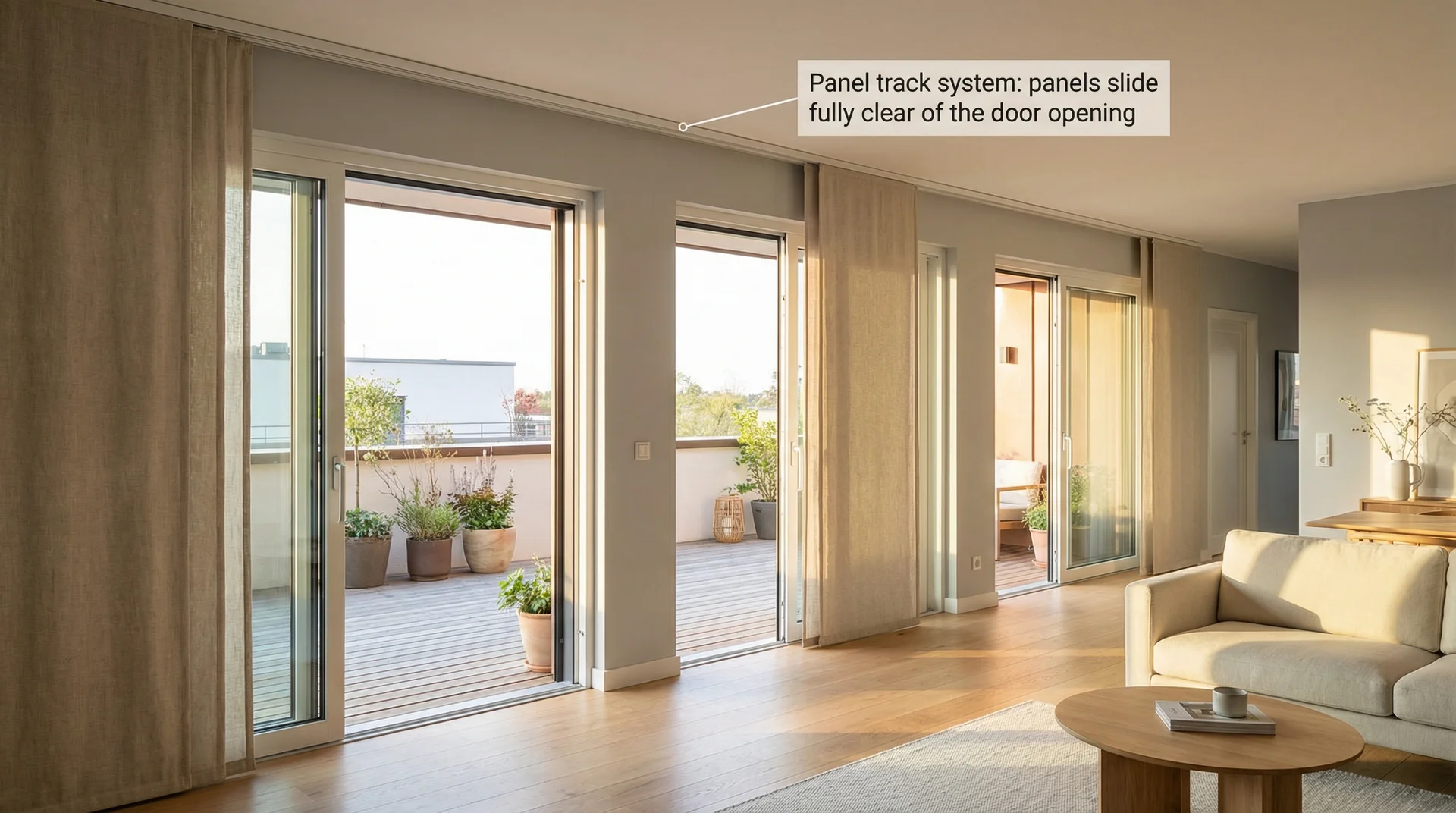 Sliding glass doors with a ceiling-mounted panel track curtain system,
panels slid clear of the doorway to allow full access.
