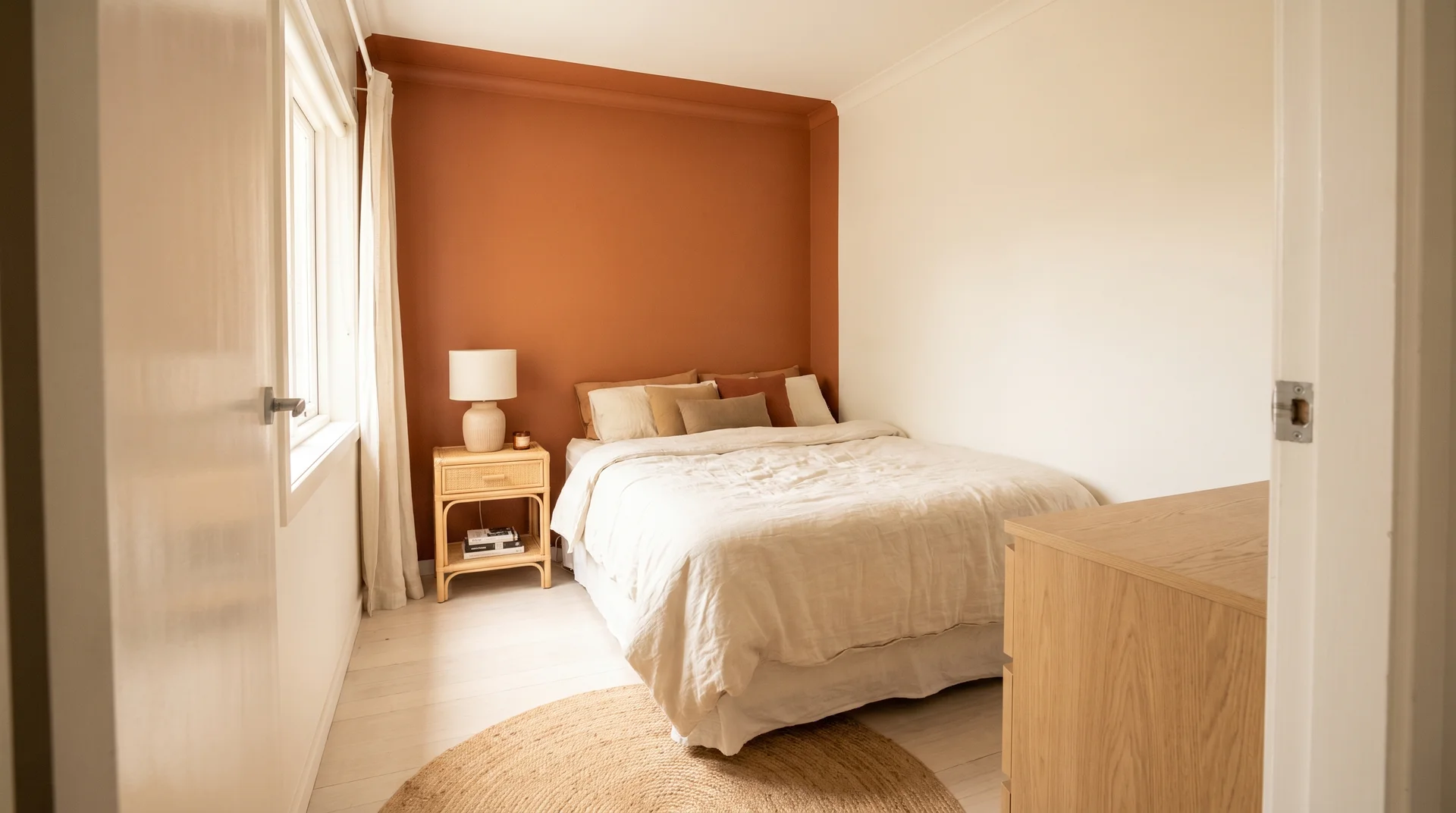 Small bedroom with burnt orange on headboard wall only, remaining walls in warm off-white, pale oak furniture

