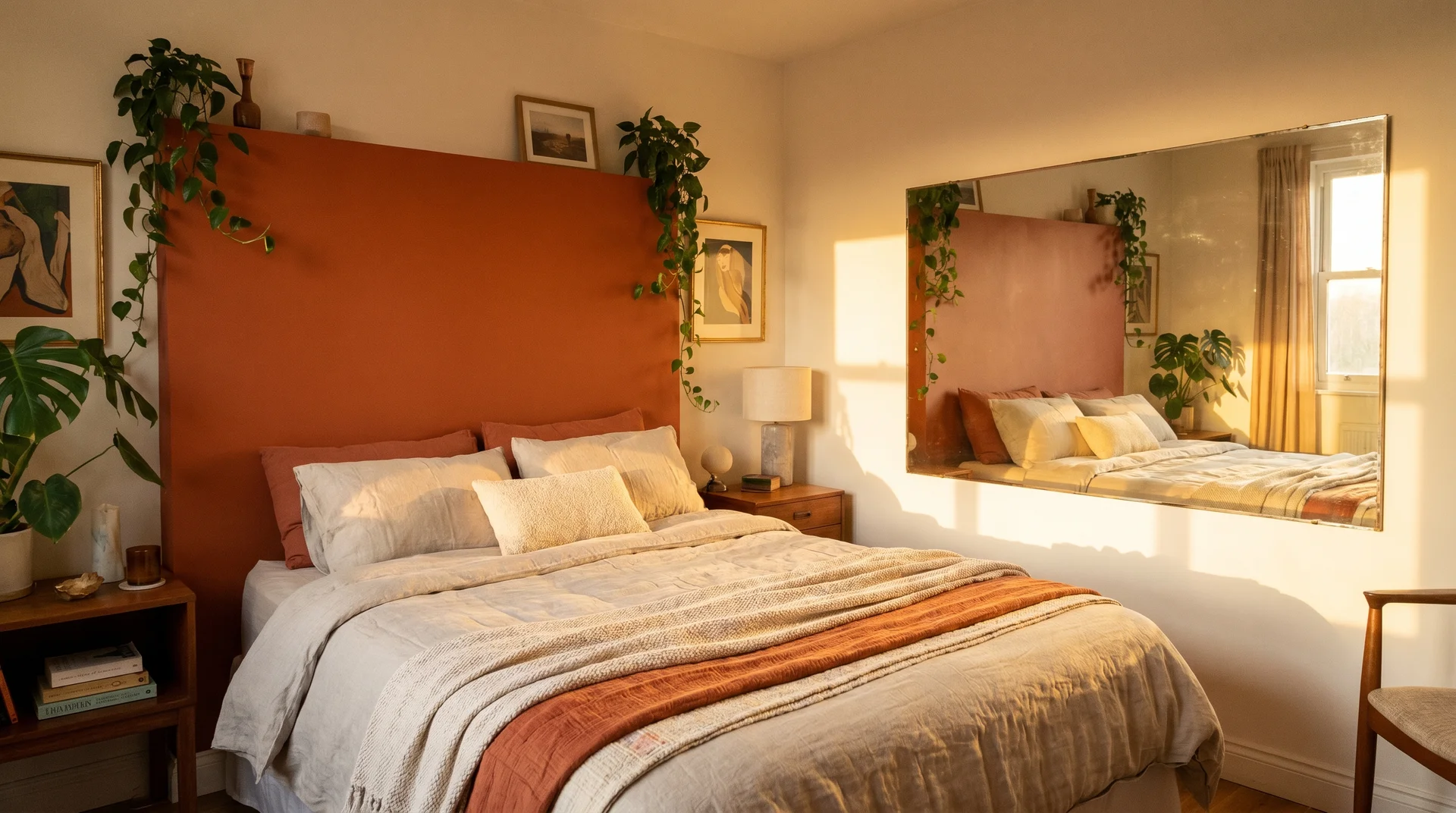 Small burnt orange bedroom with a large mirror on the opposite wall doubling the warmth and visual depth