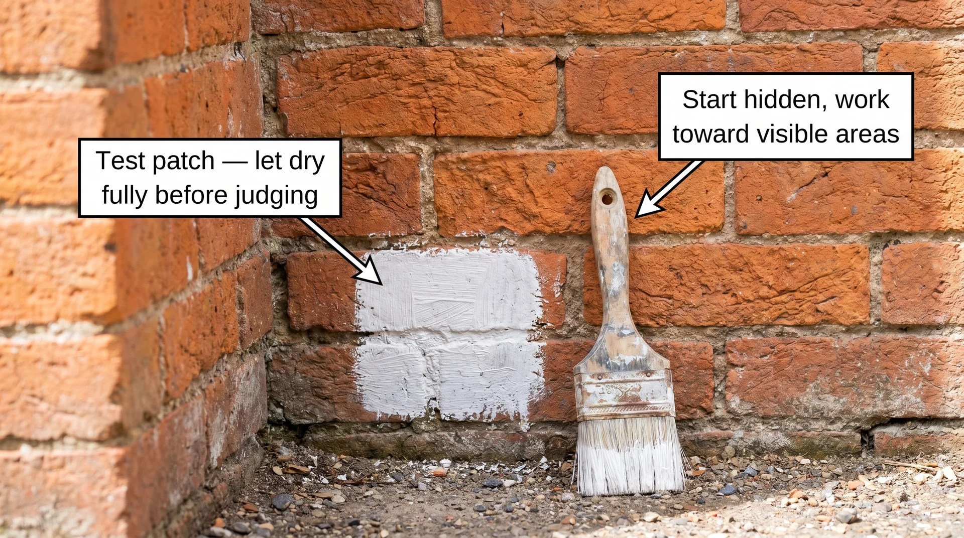 Small limewash test patch applied to inconspicuous corner of brick wall with surrounding brick still bare and labeled annotations