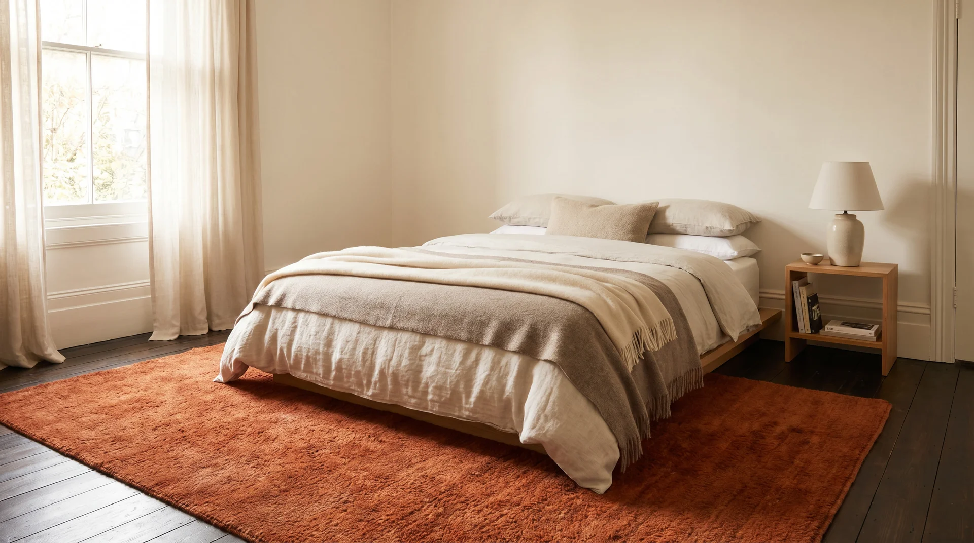 Small neutral bedroom with a burnt orange area rug as the only colour element beneath a cream linen bed
