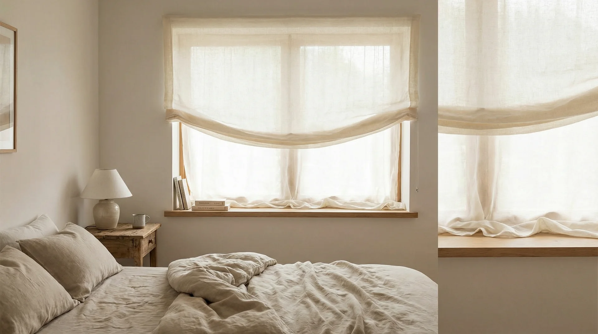 Soft gauze relaxed Roman valance with a gentle swoop above a calm neutral bedroom window