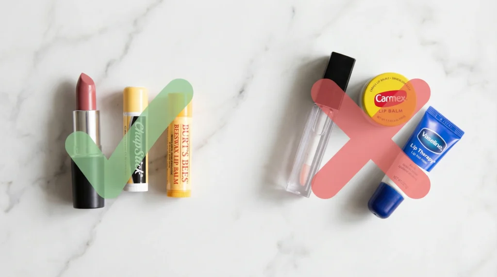 Solid lipstick and ChapStick grouped as TSA-safe vs lip gloss and Carmex grouped as TSA liquids