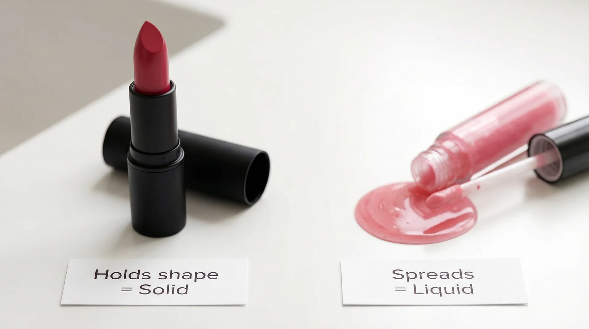 Solid lipstick bullet holding its shape next to lip gloss spreading on a surface showing TSA liquid vs solid test