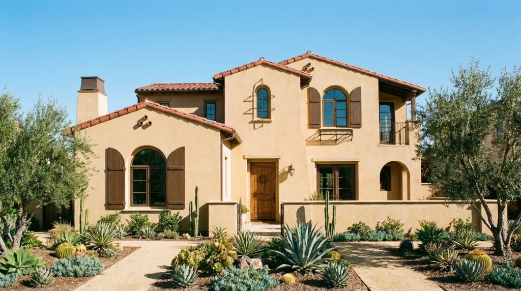 Spanish Colonial home with traditional stucco siding in warm sand tone, Southwest architecture