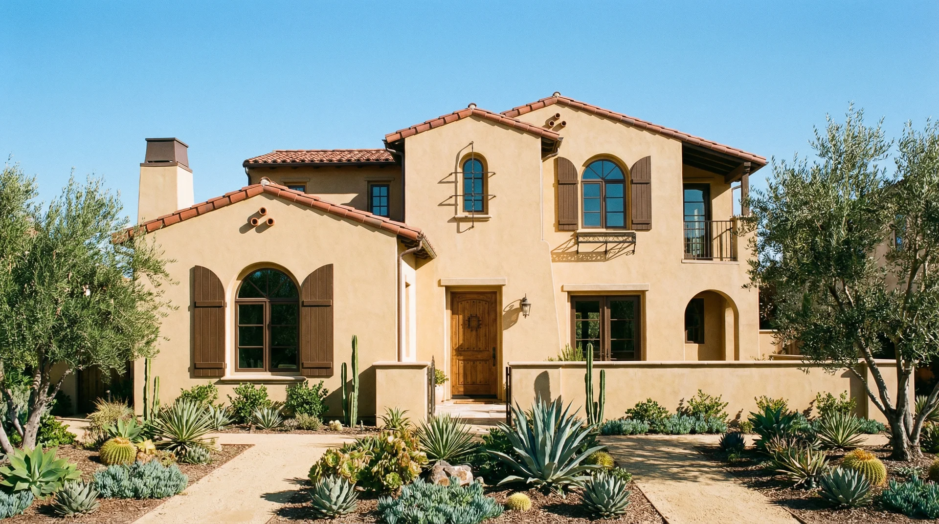 Spanish Colonial home with traditional stucco siding in warm sand tone, Southwest architecture