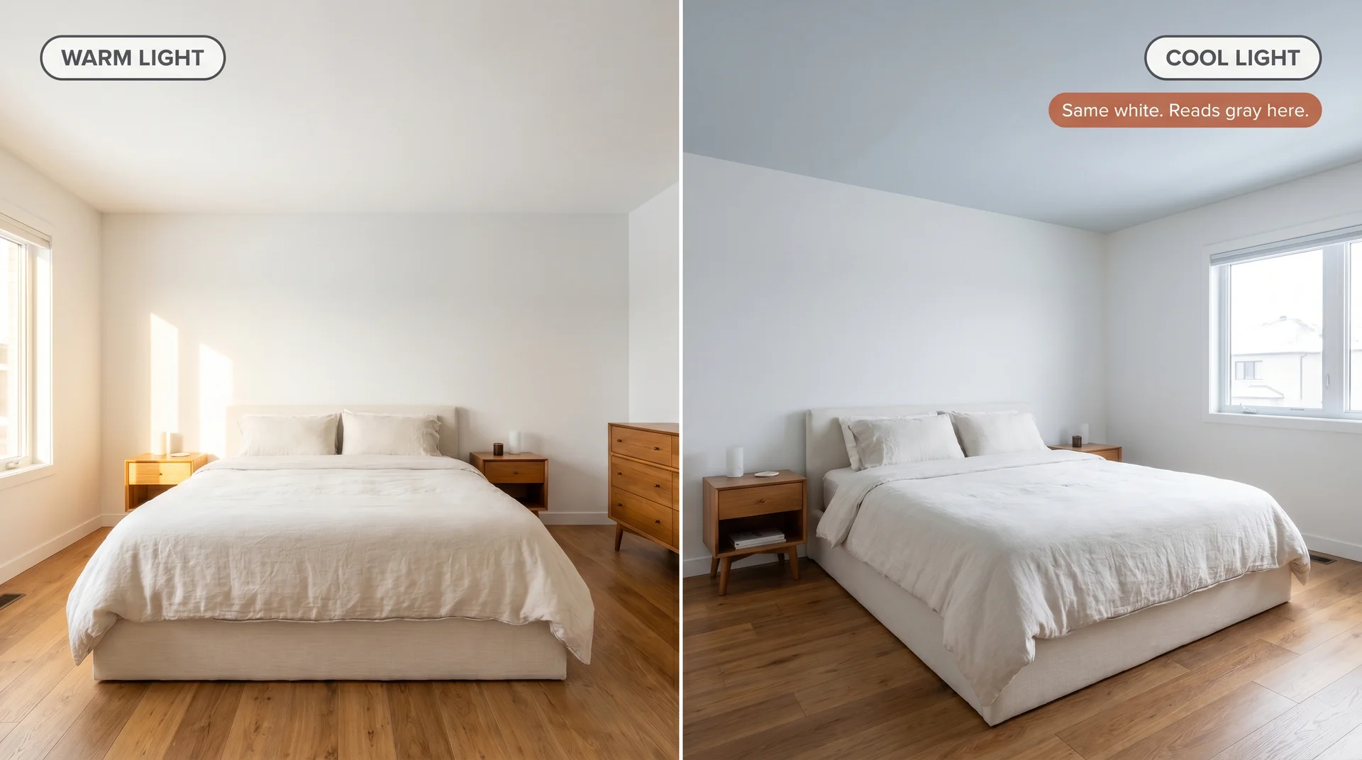 Split bedroom image showing cool white ceiling reading bright under warm light left and gray under cool north light right