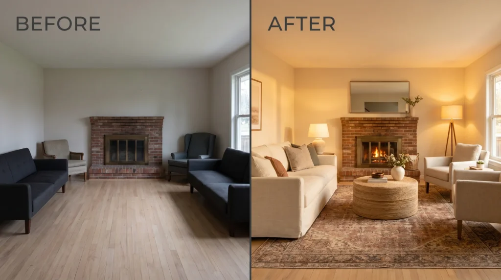Split before-and-after of an awkward living room with fireplace, showing furniture rearrangement that creates a cohesive layout