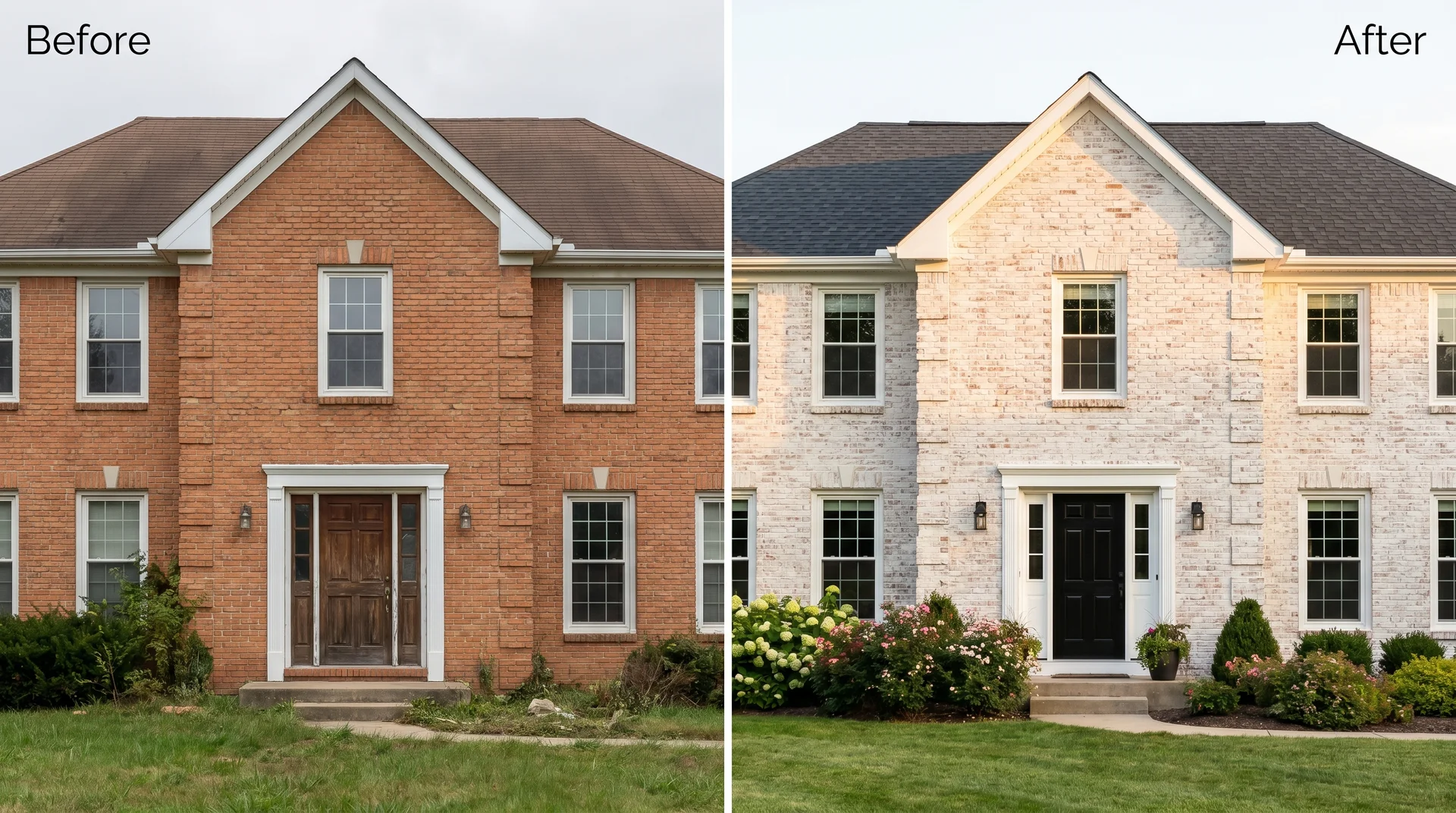 Split before and after showing 1990s orange-red brick colonial transformed with 50% opacity limewash, black door, and white trim