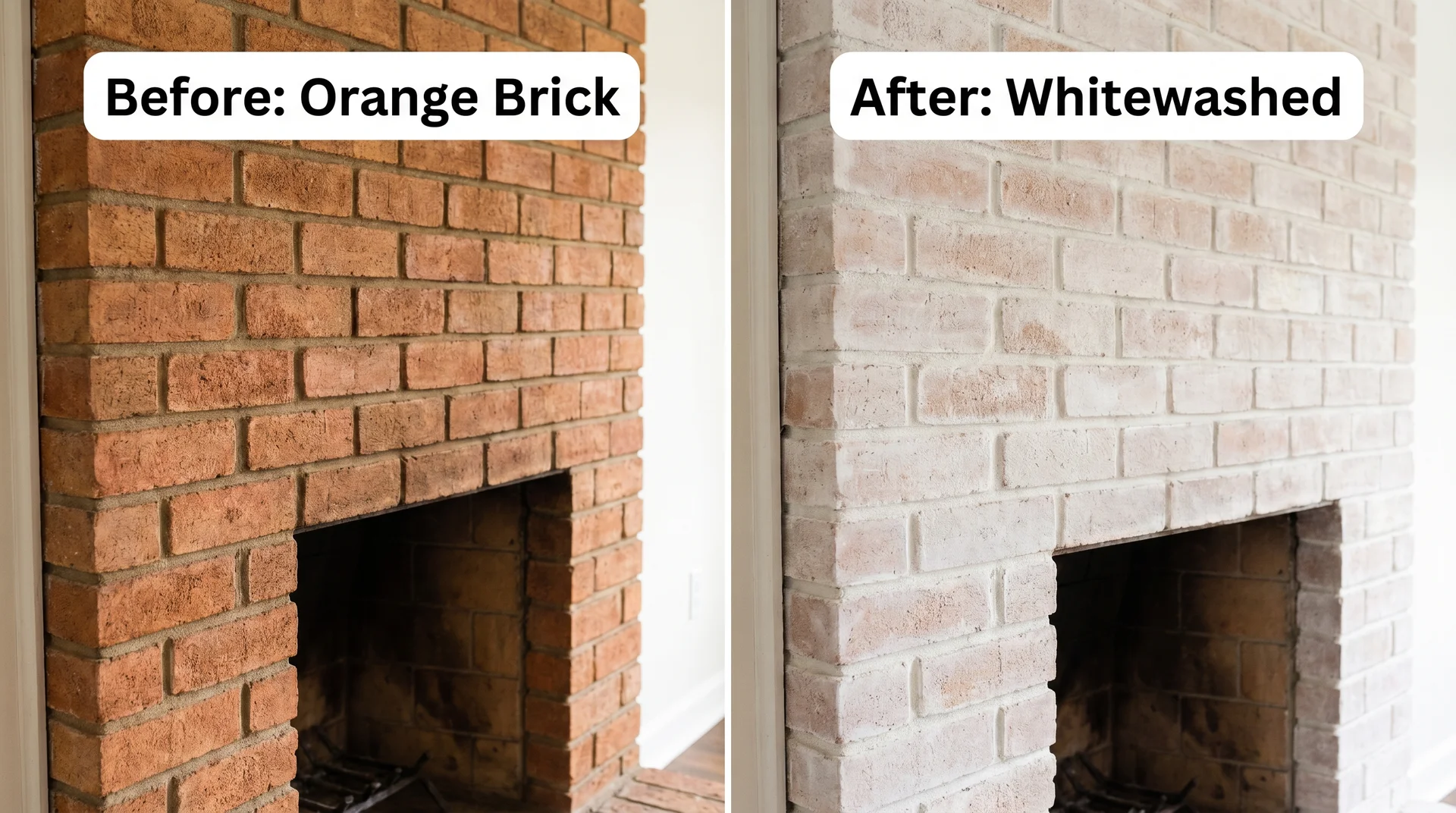 Split before-and-after showing orange 1980s brick fireplace on the left and whitewashed brick finish on the right
