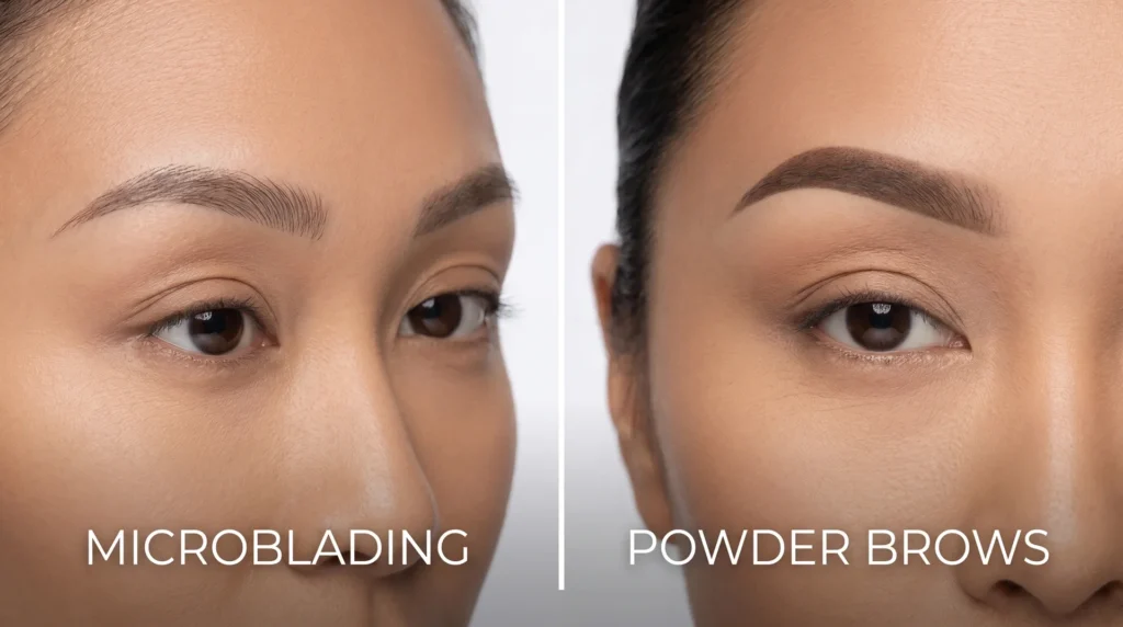 Split close-up comparing microblading hair strokes on the left to soft ombré powder brows on the right