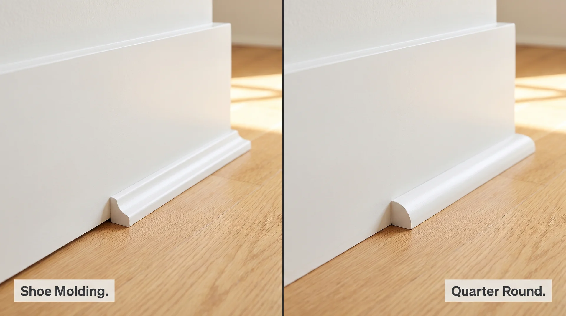 Split close-up comparing shoe molding on left and quarter round on right, installed at white baseboards on hardwood
