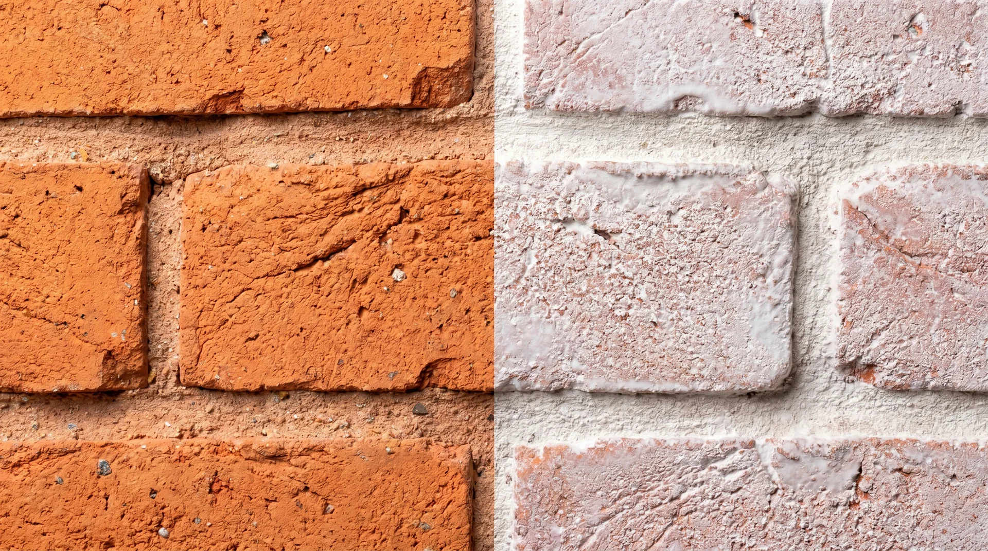 Split close-up of brick wall showing bare orange-red brick on left and chalky limewash-penetrated brick on right