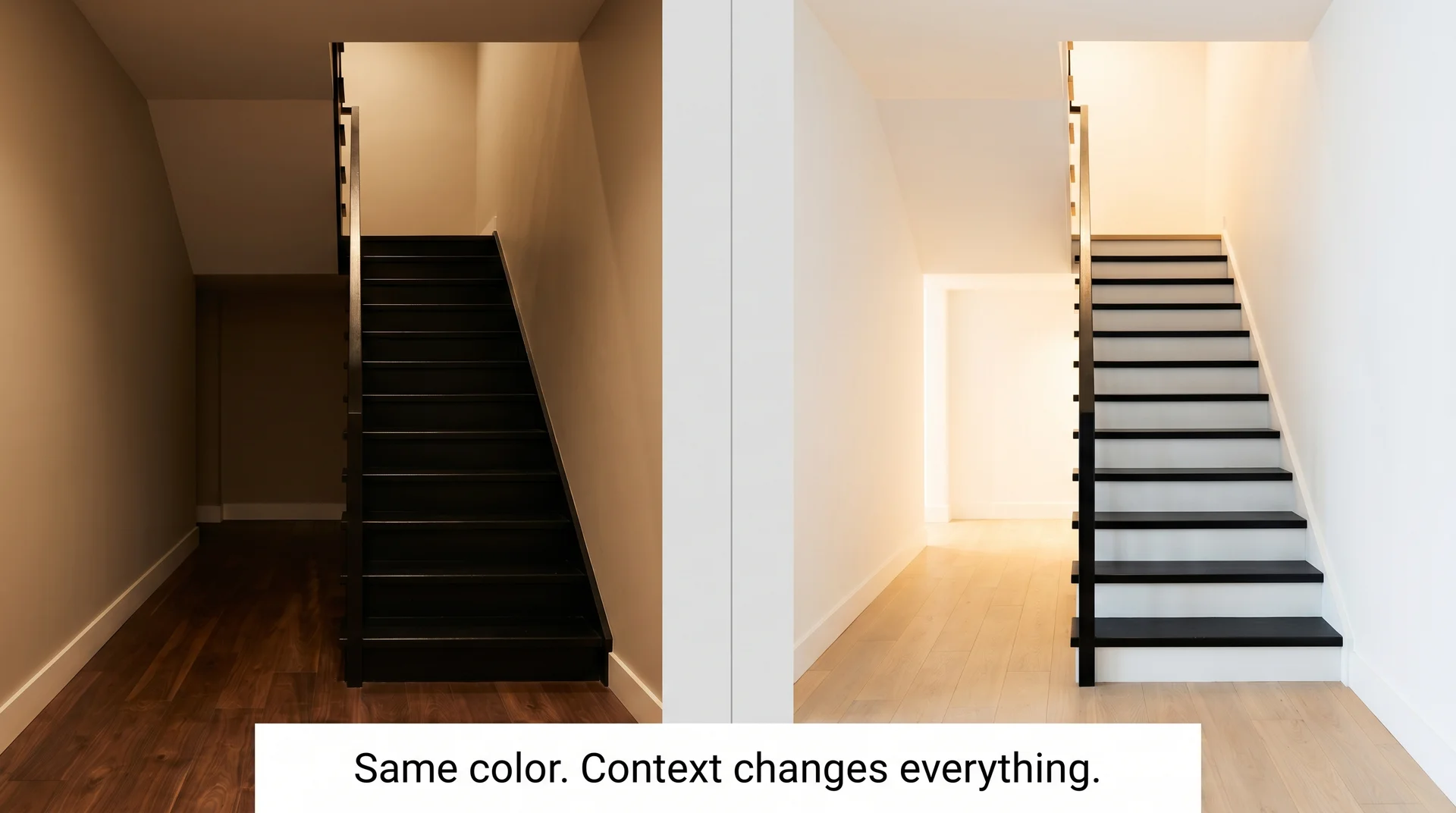 Split comparison showing black stairs looking open with white walls versus closed-in and heavy against dark beige walls