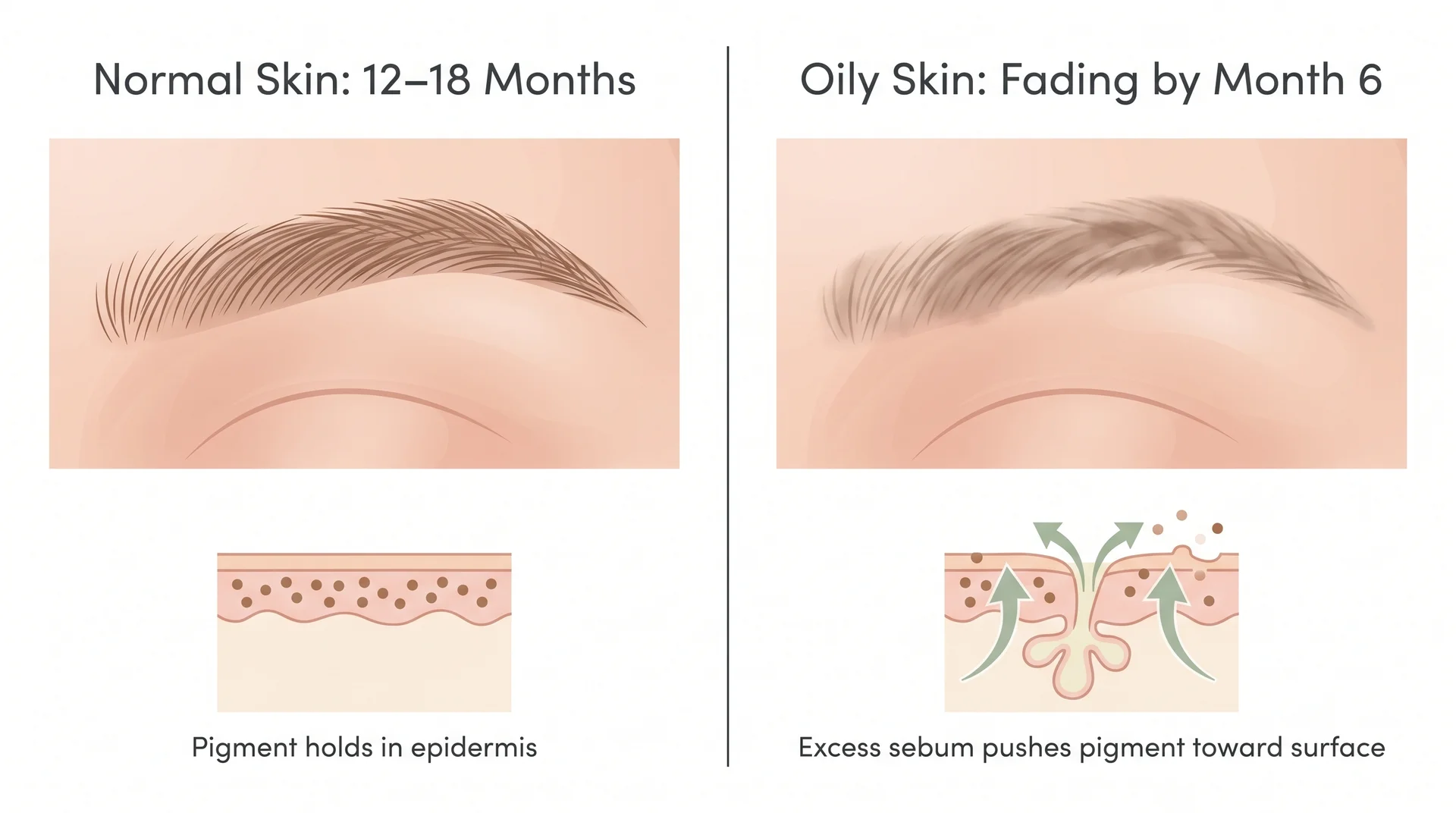 Split diagram comparing microblading retention on normal skin versus oily skin at six months showing sebum-driven fading