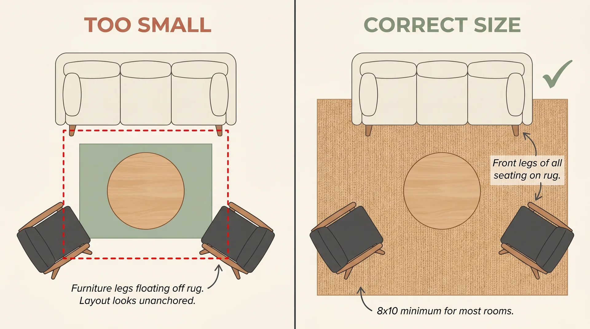 Split diagram comparing undersized rug with furniture floating off it versus correct rug size with front legs of all seating resting on it