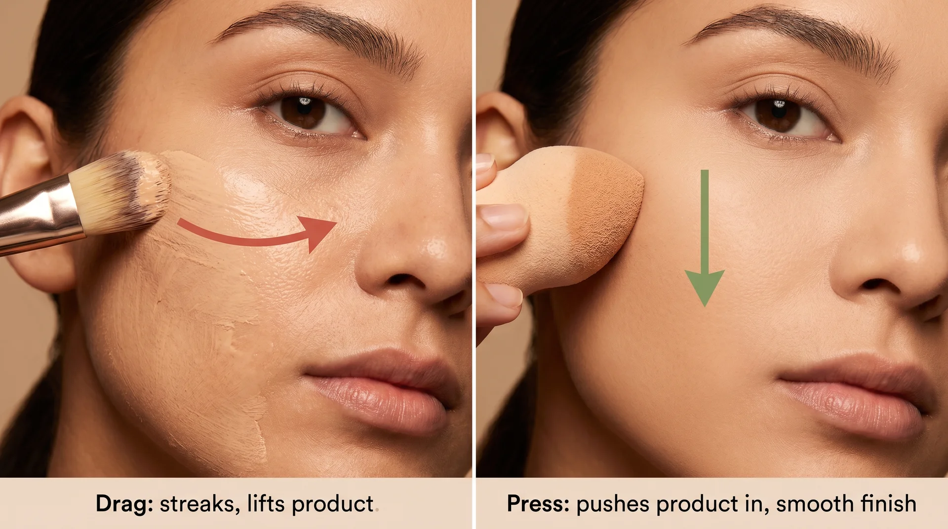 Split diagram showing drag technique creating streaky foundation left and press technique giving smooth finish right