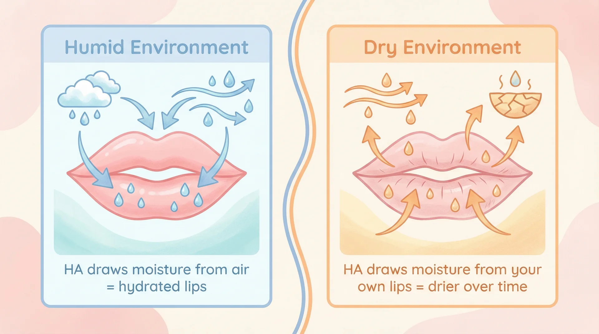 Split diagram showing hyaluronic acid hydrating lips in humidity but drying them in dry environments
