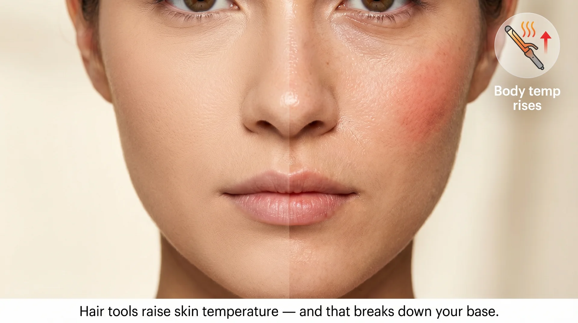 Split-face comparison showing smooth foundation versus oxidised, creased makeup caused by heat from hair styling tools