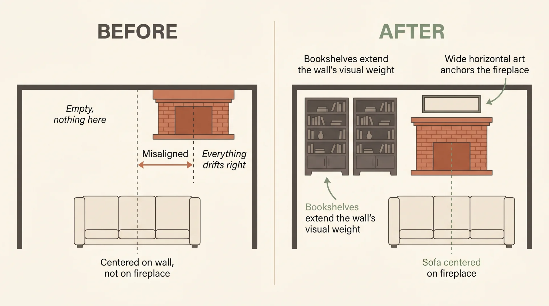 Split floor plan showing off-center fireplace fixed by adding bookshelves on the lighter side and centering the sofa on the fireplace