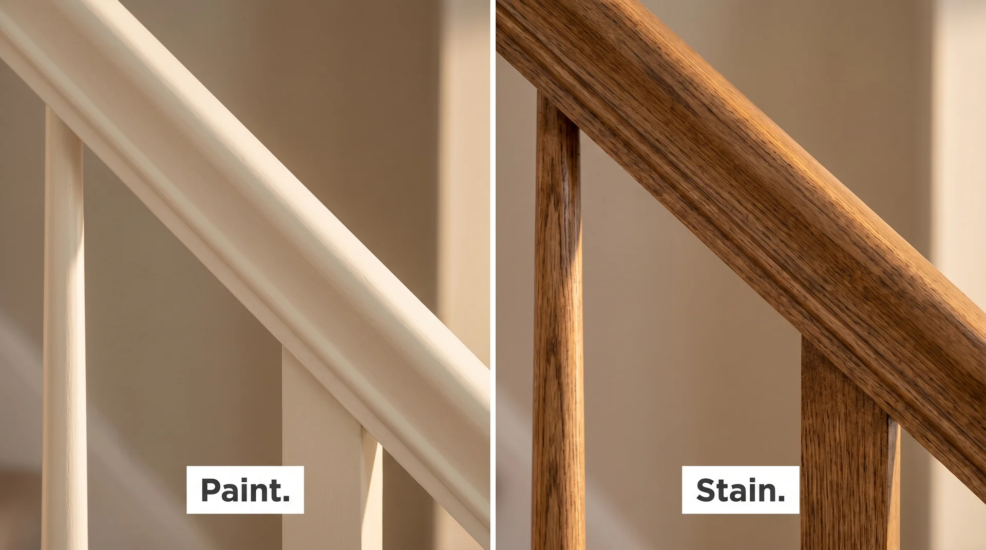 Split image comparing a painted white stair railing finish on the left to a warm walnut wood stained finish on the right