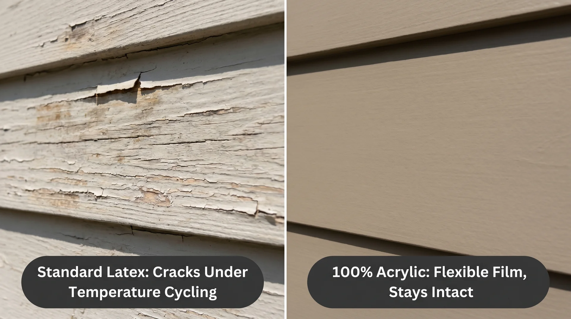 Split image comparing cracked exterior paint on standard latex siding left versus intact 100% acrylic siding right