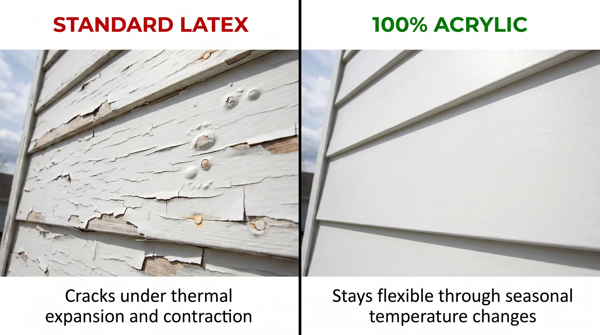 Split image comparing cracked latex paint on exterior siding on the left with intact acrylic paint on the right