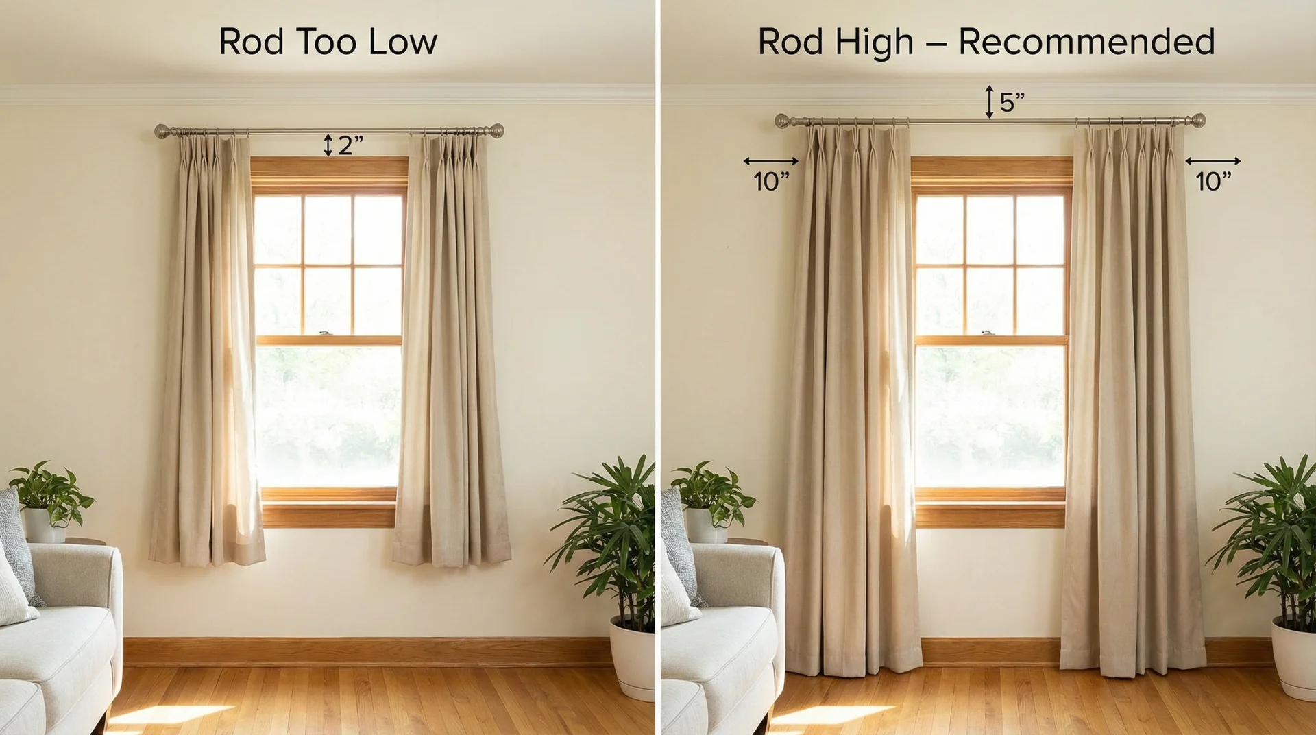 Split image comparing curtain rod mounted just above window frame versus high near ceiling showing dramatic visual difference 