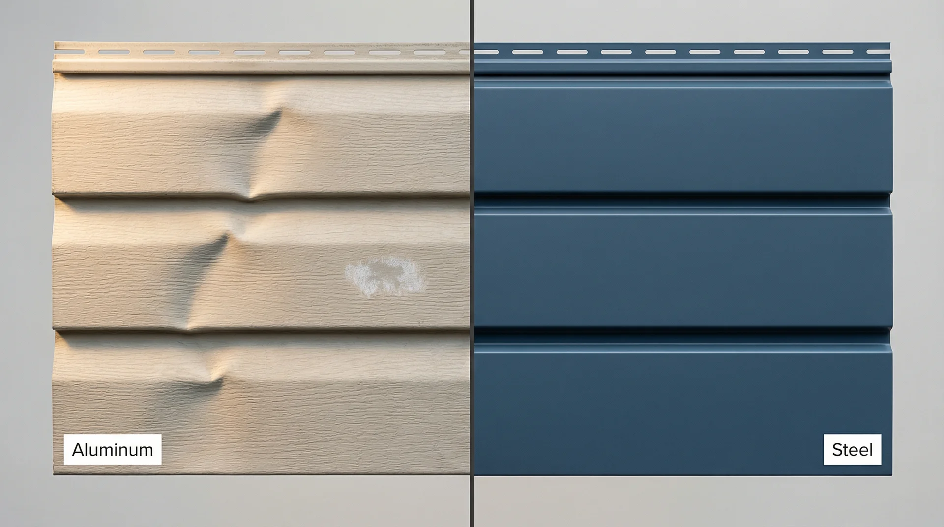 Split image comparing dented aluminum siding panel on left with pristine steel siding panel on right
