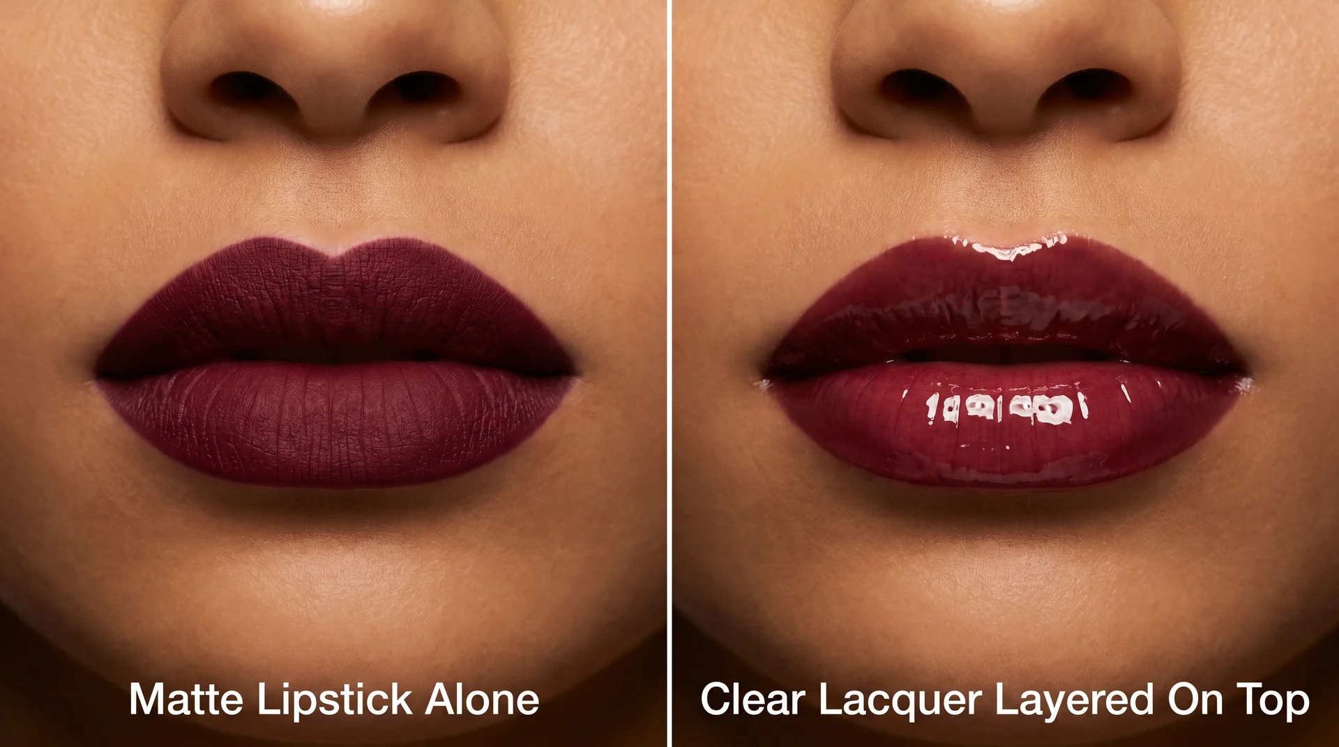 Split image comparing matte lipstick alone versus the same lip with clear lacquer on top for a glossy finish