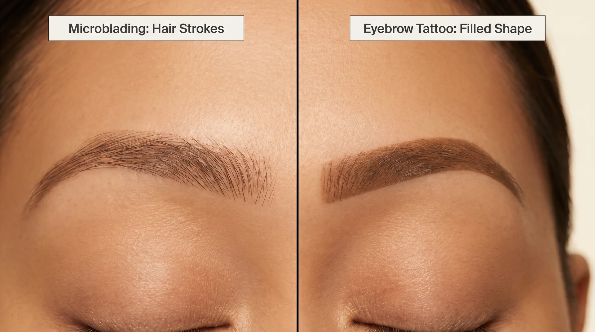 Split image comparing microblading feathery hair strokes on the left to eyebrow tattoo solid filled shape on the right