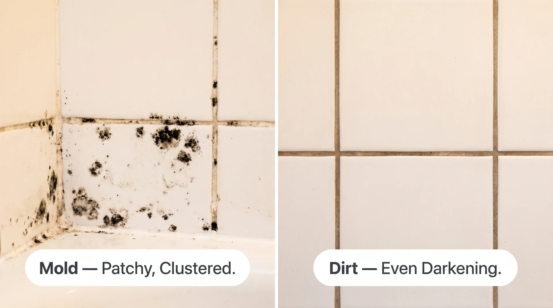 Split image comparing patchy mold-type black grout on the left to even dirt-darkened grout on the right