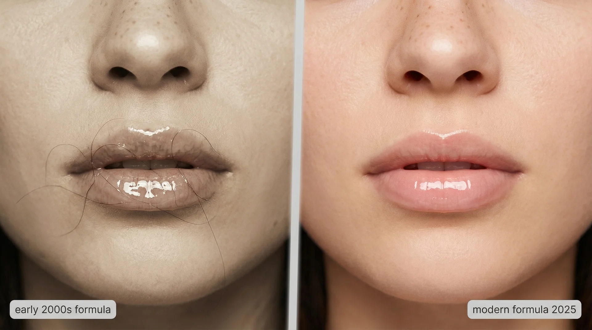 Split image comparing sticky early 2000s lip gloss formula on the left with a smooth modern 2025 formula on the right