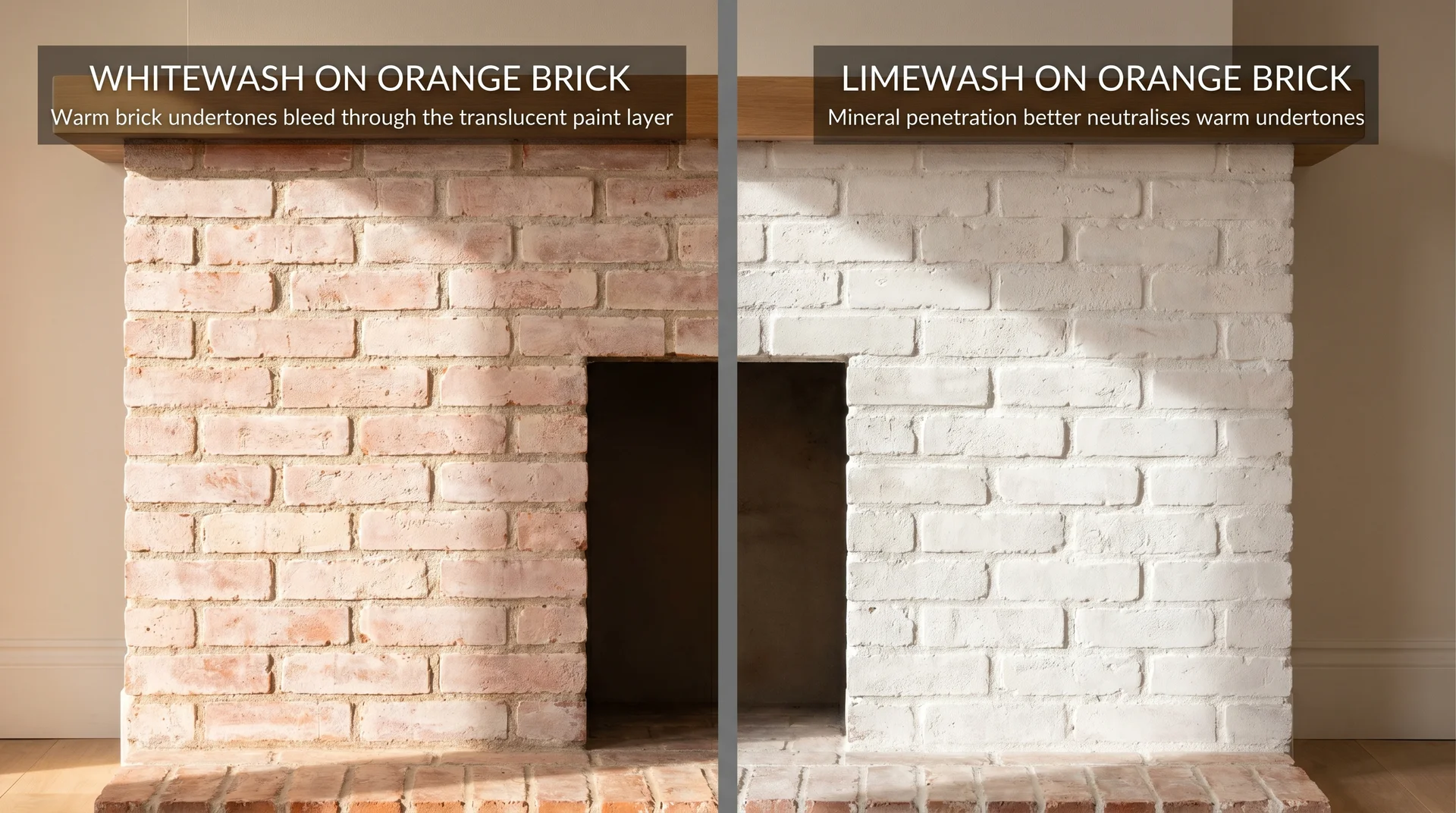 Split image comparing whitewash versus limewash on orange-red brick showing how each finish handles warm brick undertones