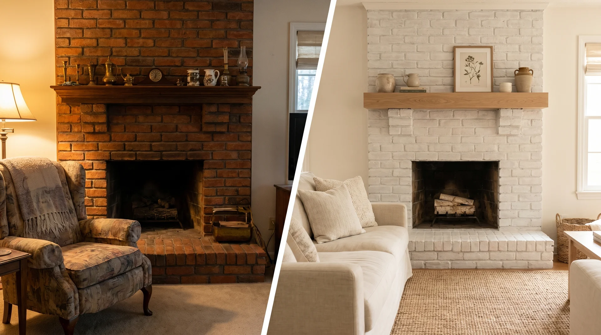 Split image of a brick fireplace before limewashing on left showing orange brick, and after on right showing chalky white finish