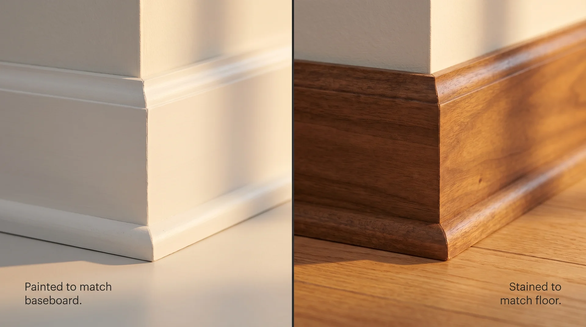 Split image of shoe molding painted white to match baseboard on left and stained walnut to match hardwood floor on right