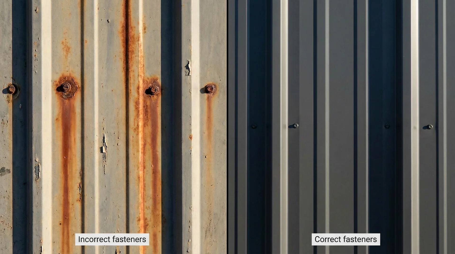 Split image: rust-stained steel siding from incorrect fasteners left vs clean properly fastened panel right
