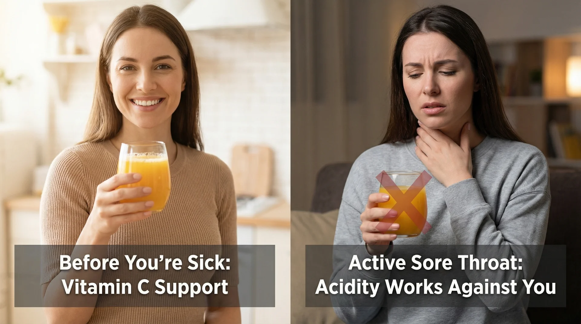 Split image showing orange juice as helpful before illness but potentially irritating during an active sore throat 