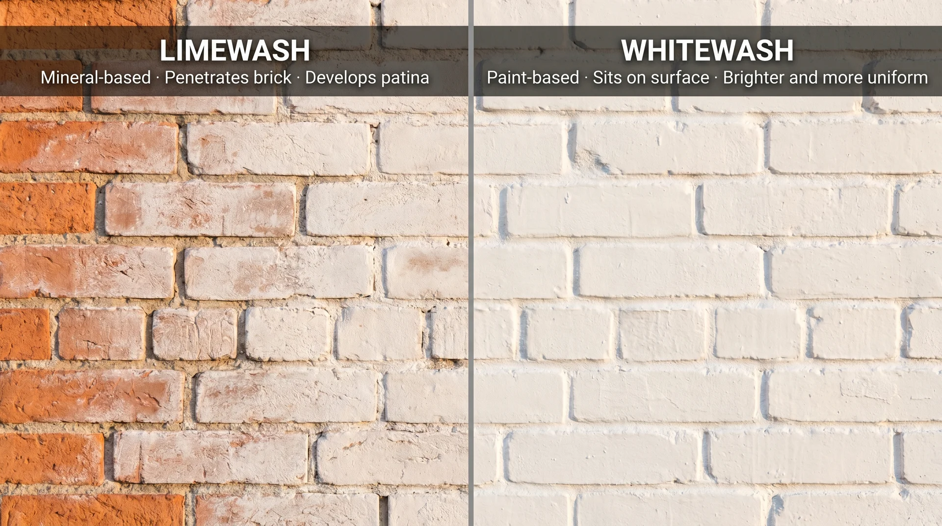 Split panel comparing limewash chalky matte brick finish left versus brighter uniform whitewash paint finish right
