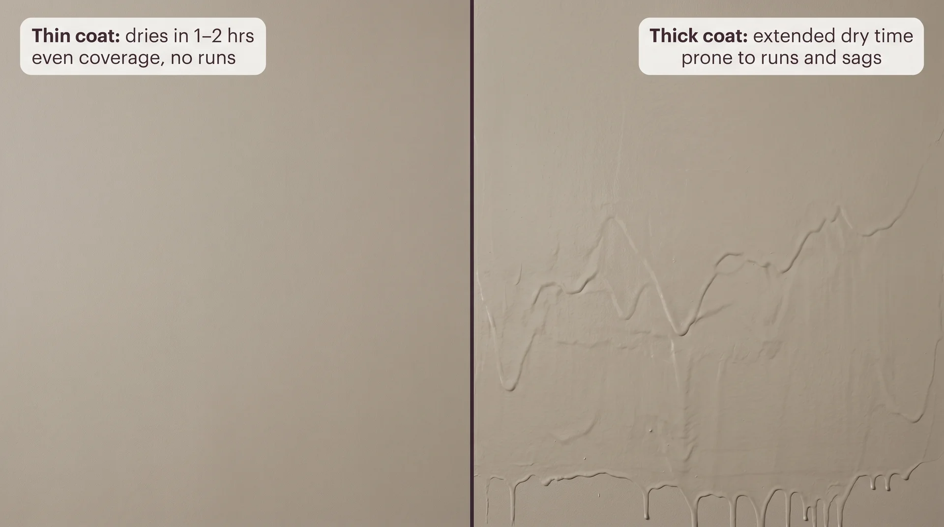 Split view comparing a smooth thin paint coat versus a thick dripping coat to show how thickness affects drying time