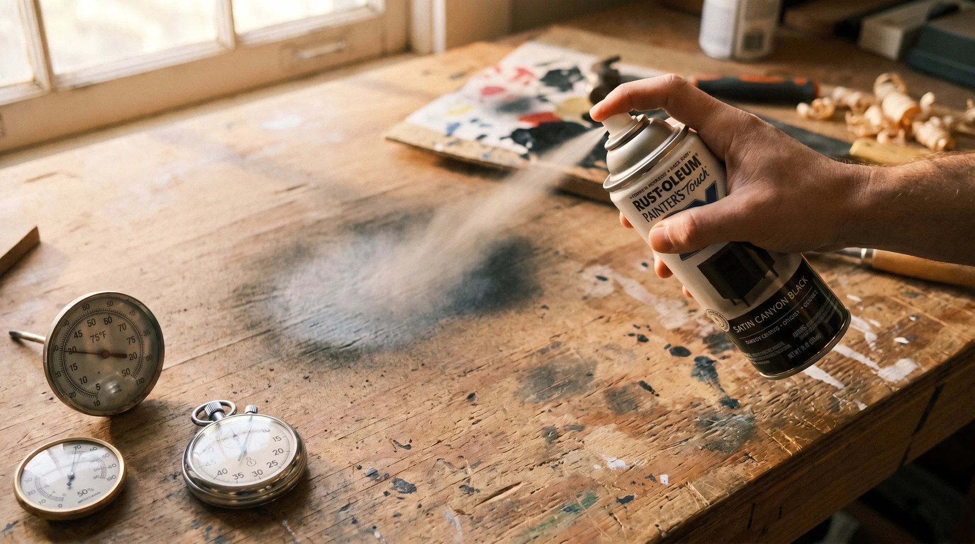 Spray paint can in use on wood surface with a stopwatch and thermometer nearby, symbolizing drying time factors