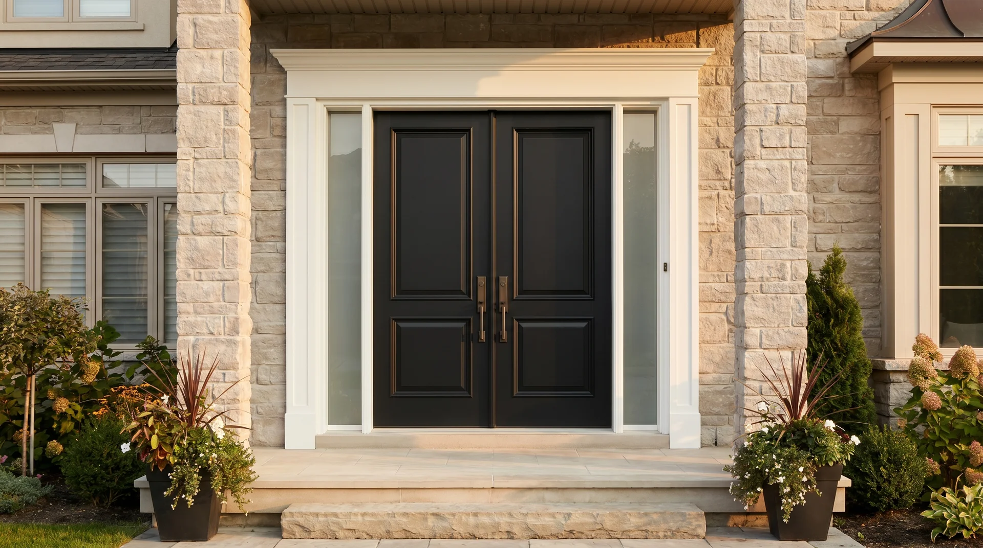 Standard double front doors in matte black with white frame and frosted sidelights on a warm stone residential facade