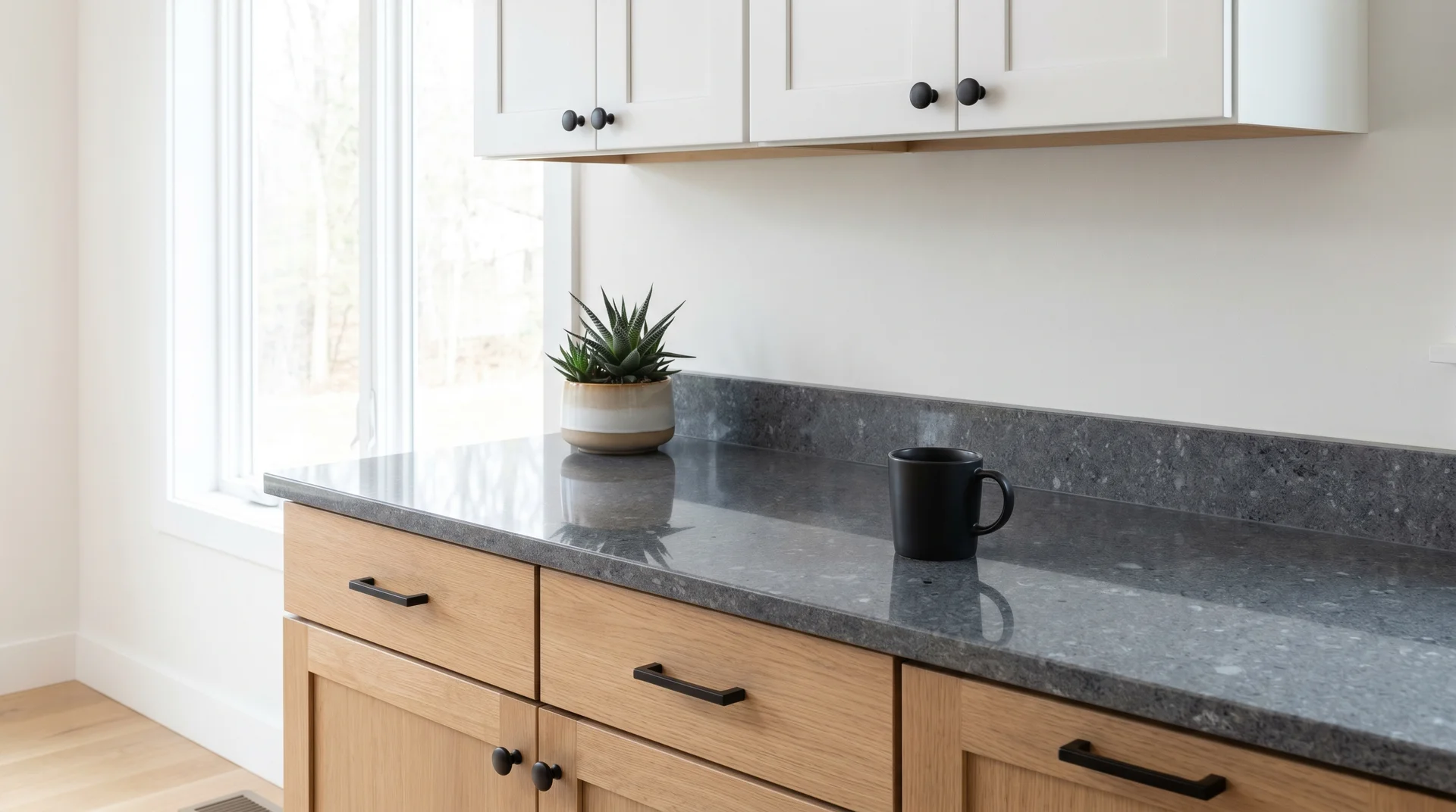 Steel Gray granite countertop with uniform dark gray speckle paired with white cabinets and matte black hardware