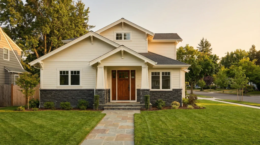 Stone veneer siding on the lower third of a craftsman home exterior with fiber cement siding above