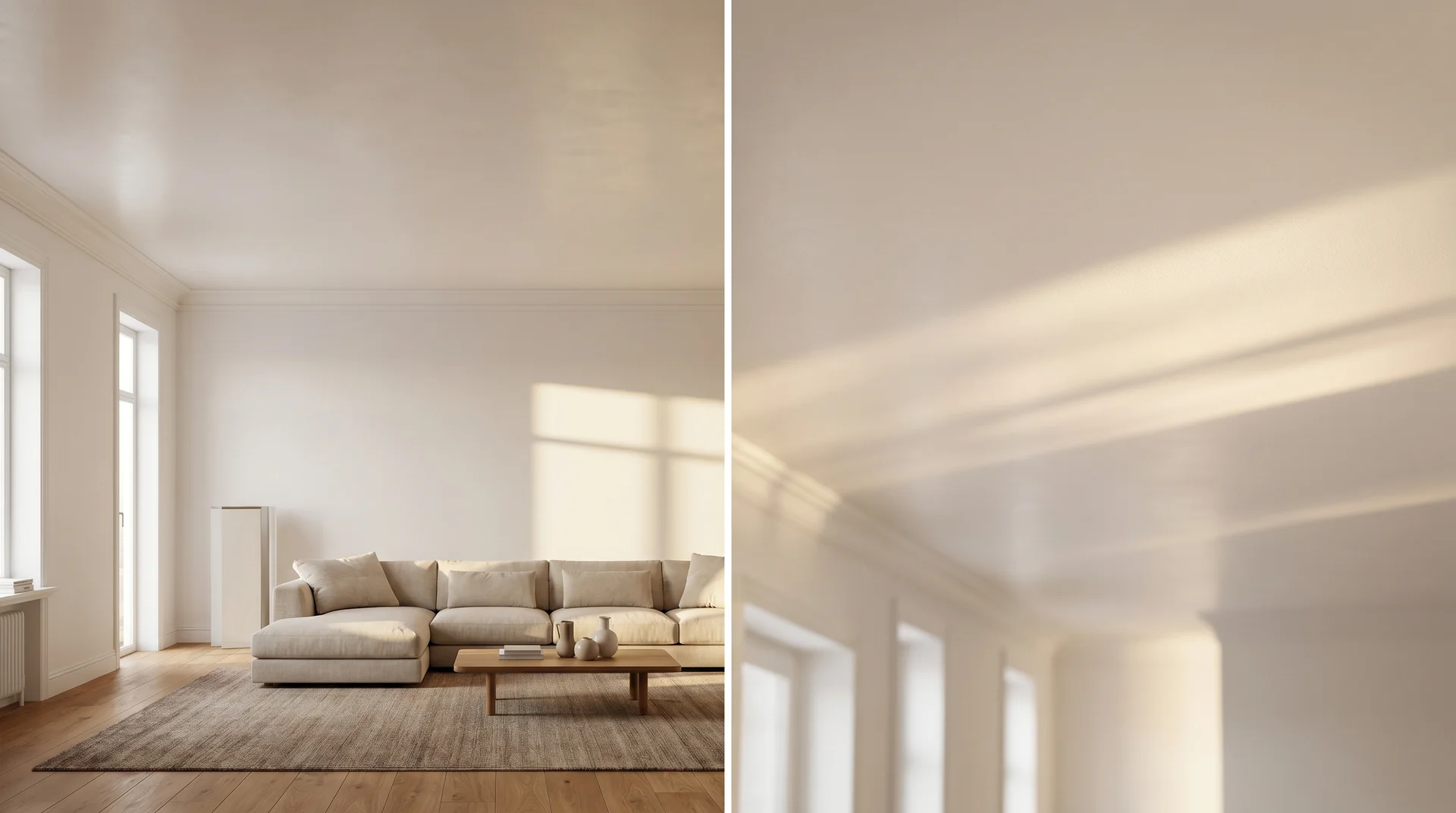 Styled living room photographed to highlight a perfectly painted flat white ceiling under warm afternoon light
