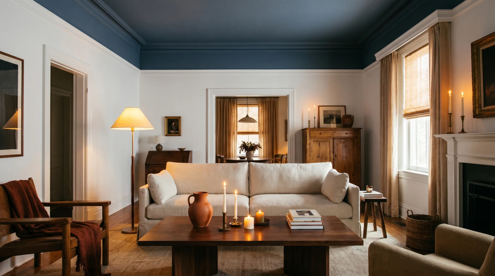 Styled living room with a dramatic deep navy ceiling and white walls creating a cocooning intimate atmosphere