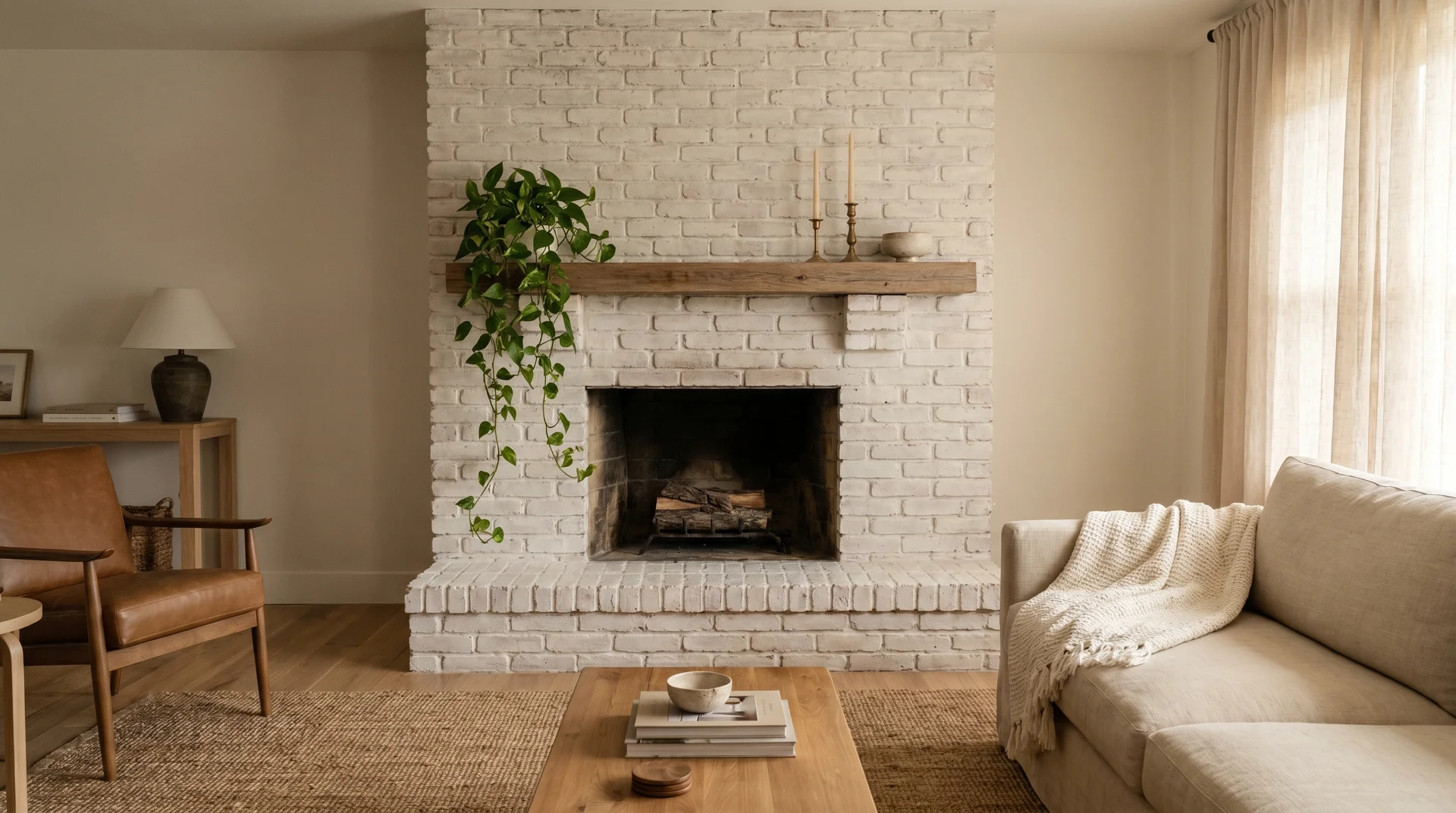 Styled living room with limewashed brick fireplace as the warm focal point, white oak floors and natural linen sofa