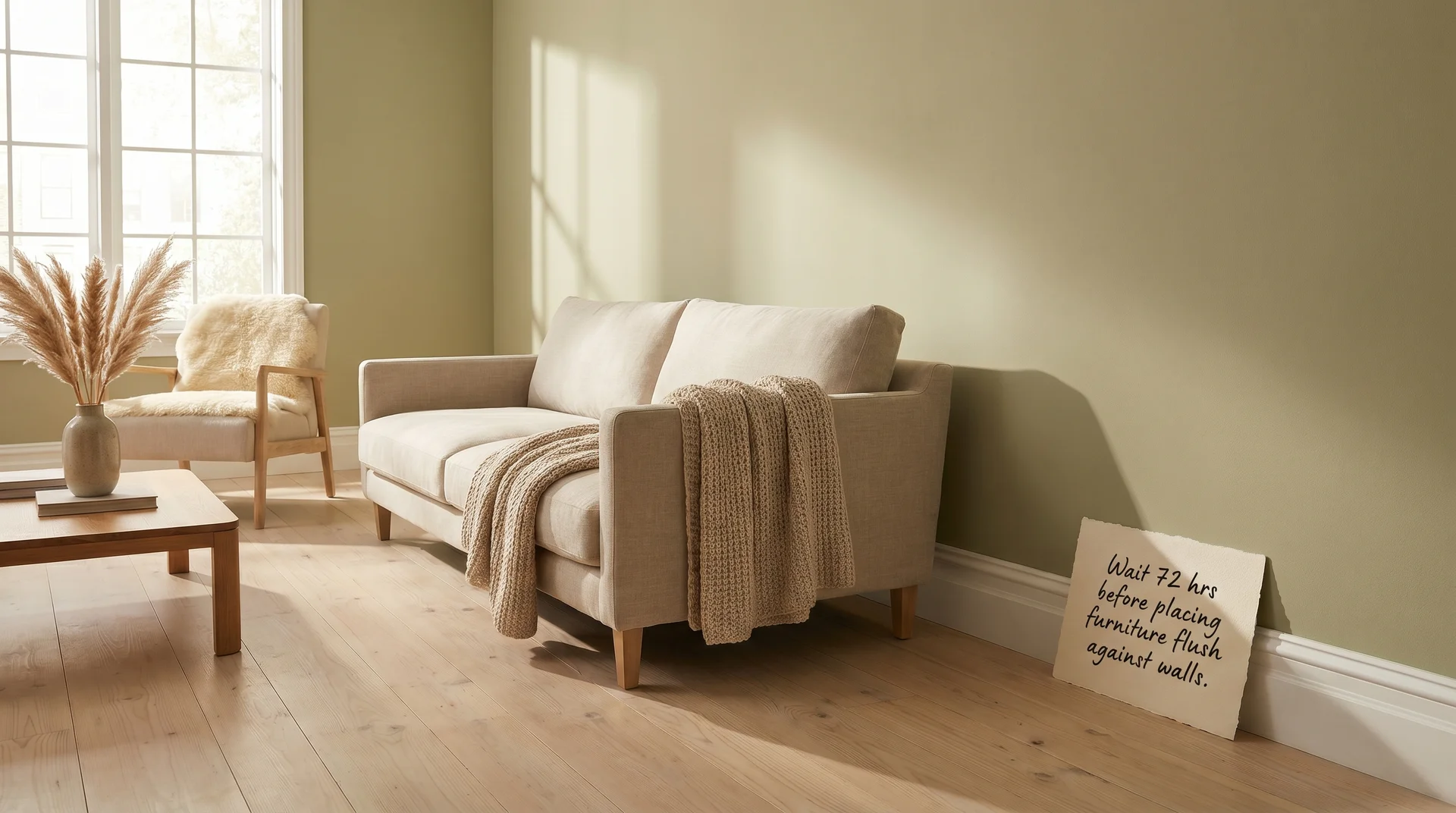 Styled room with freshly painted walls and furniture kept away from surfaces during the 48 to 72 hour curing window