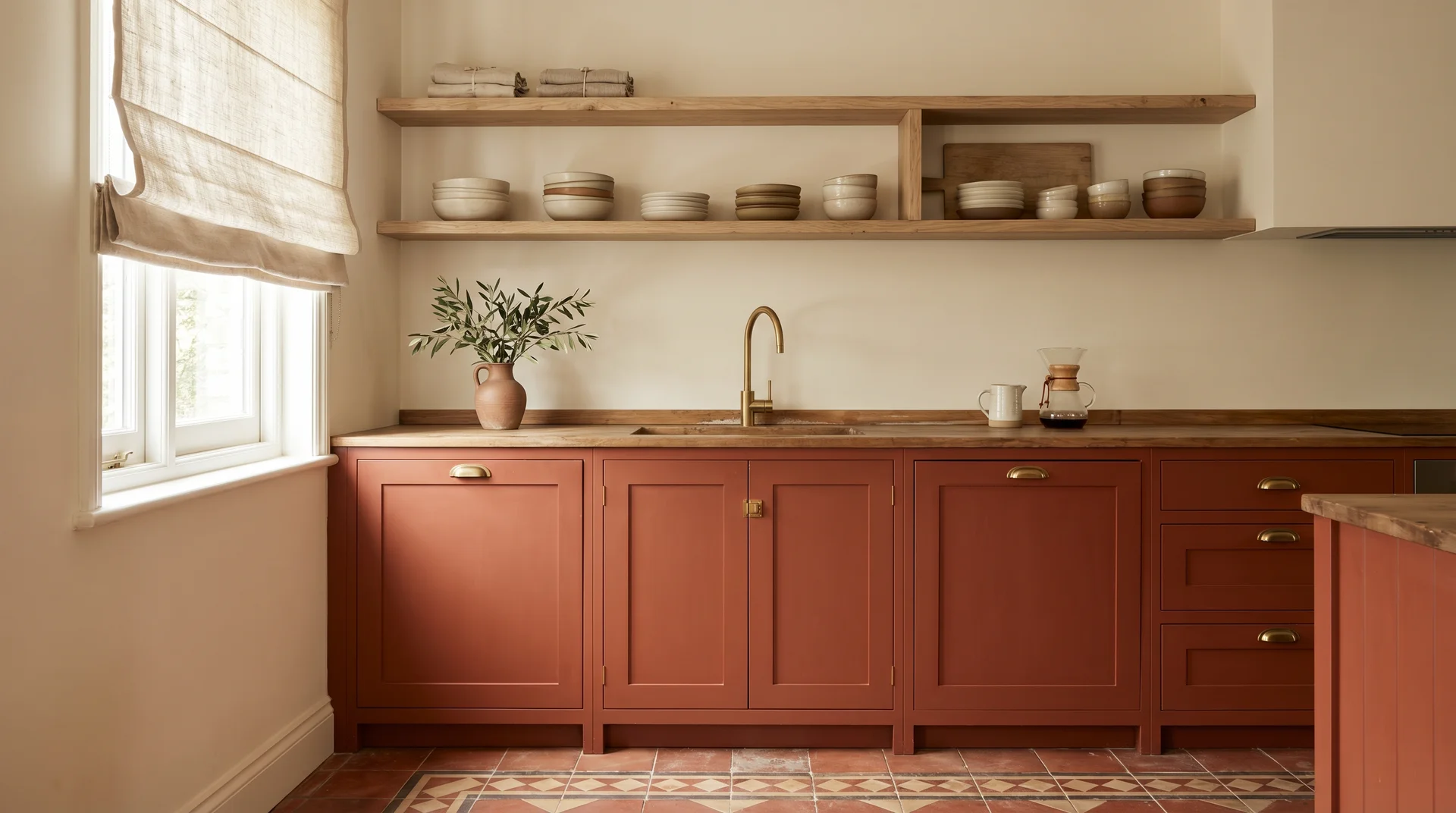 Terracotta-rusty red kitchen with open oak shelving, cream walls, brass hardware, and encaustic floor tiles in natural light