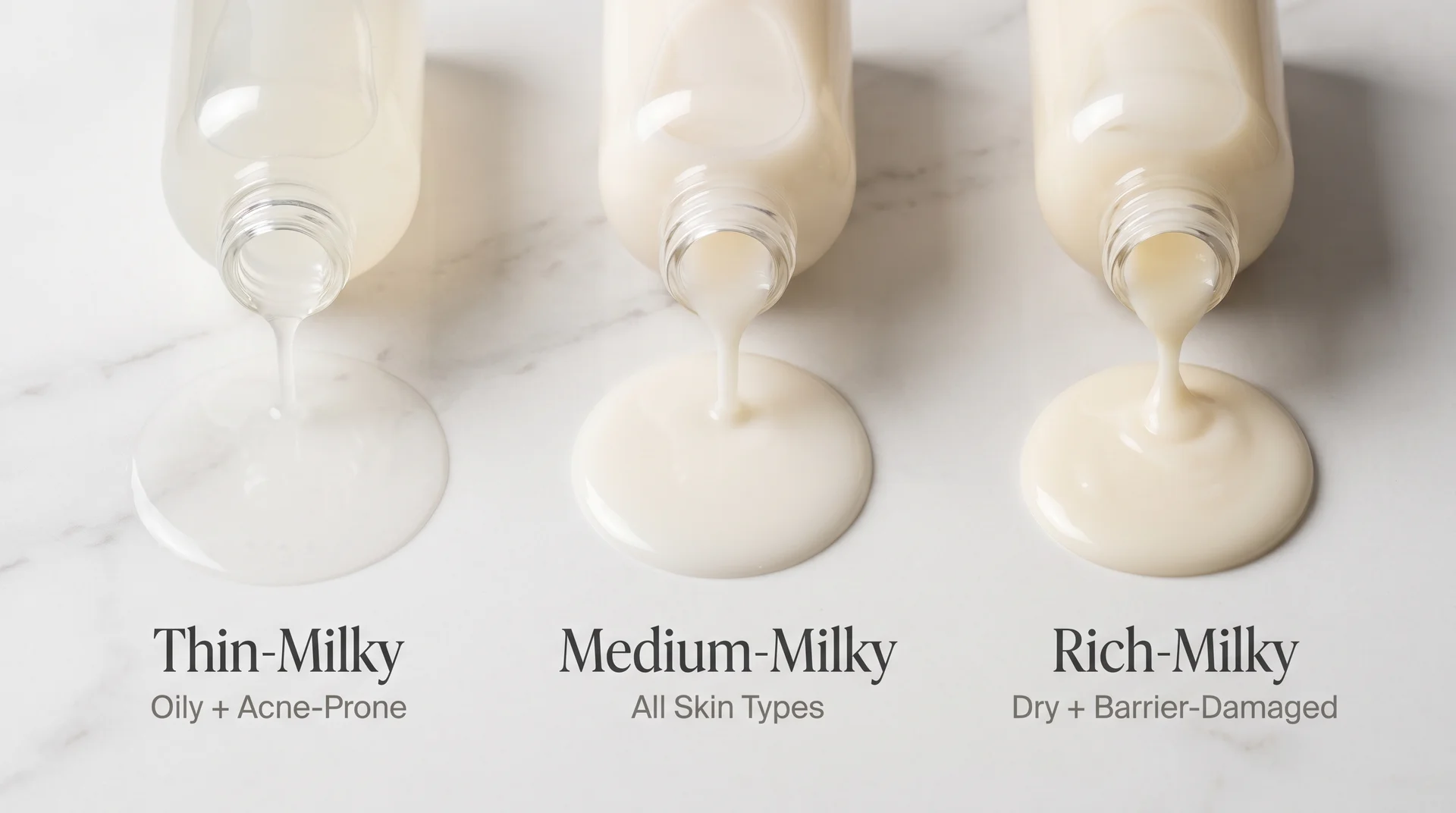 Three Korean milky toner texture types poured side by side: thin for oily skin, medium for all, rich for dry skin